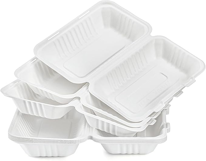Elsjoy 90 Pack Disposable Clamshell To Go Containers, 9"x 6" Single Compartment Take Out Food Containers, Compostable Hinged Container Takeaway Lunch Box for Restaurant, Party, Microwave Safe