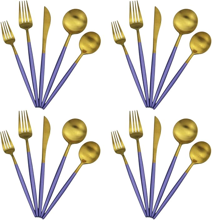 20-Piece 18/10 Stainless Steel Flatware Silverware, Luxury Dinnerware Set Travel Cutlery Tableware Include Knife Fork Spoon Service for 4, Dishwasher Safe (Purple Handle Matte Gold)