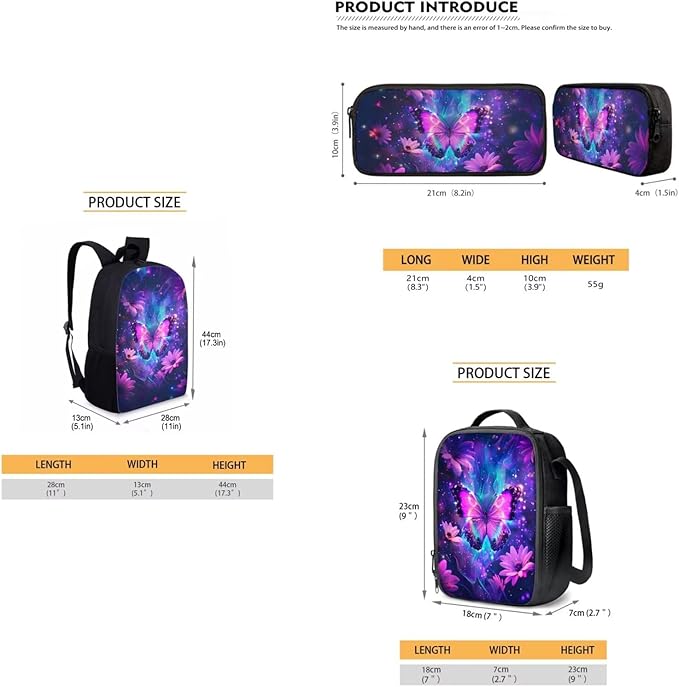Dolyues Purple Flower Butterfly 3-Piece Kids Backpack Set: Casual Daypack with Lunch Bag and Pencil Case - 17” School Bag for Boys & Girls - Perfect for Preschool and Cool Adventures