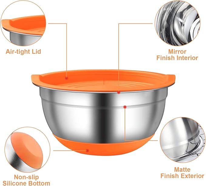 Menbyci 6 Pcs Mixing Bowls with Lids,Stainless Steel Mixing Bowls Utensils with 3 Grater Attachments,Non-Slip Bottoms,Mixing Bowl Set for Kitchen Mixing Baking Prepping Cooking Serving,Colorful
