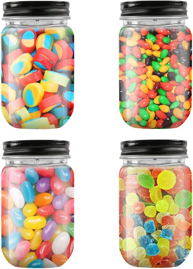 Novelinks 16 Ounce Clear Plastic Jars With Black Lids - Refillable Round Containers for Kitchen & Household Storage - BPA Free (20 Pack)