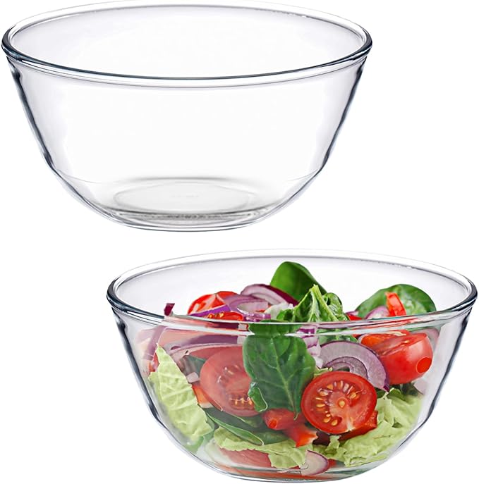 2 Pack Deep Mixing Bowls Glass Salad Bowl Round Glass Serving Bowls for Cooking Baking Prepping Dishwasher & Microwave & Oven Safe (1.1L)