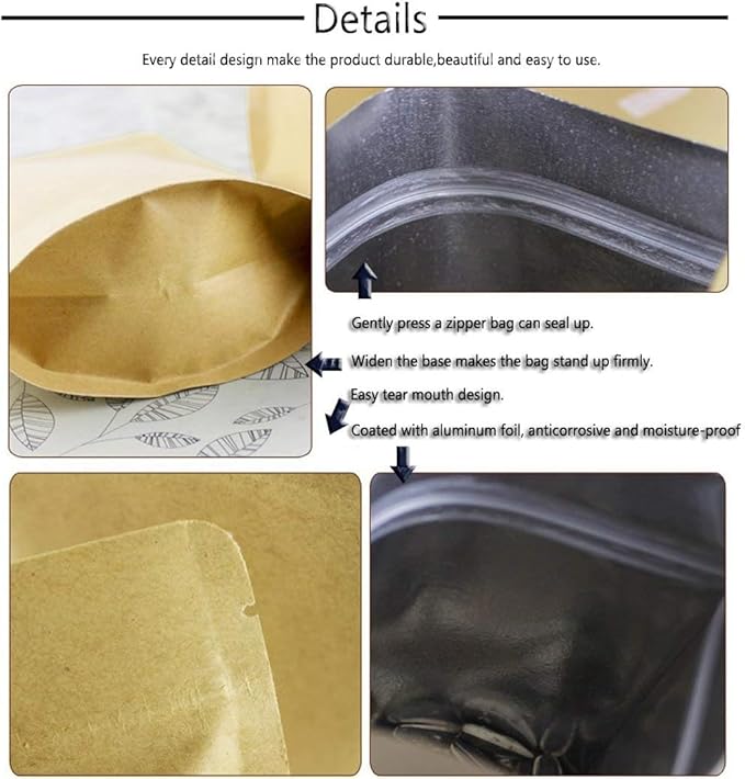 SumDirect Kraft Stand Up Pouches - 100 Pack Self-Sealing Zipper Food Storage Reusable Bags with Foil Lined for Home or Business (5X7 Inch,100PCS)