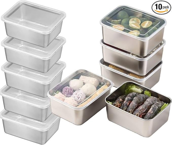 10-Pcs Stainless Steel Leak-Proof Snack Boxs with Lids - Kitchen Seasoning Containers, Restaurant Prep food Bowls - Portable & Easy to Clean (500ML)