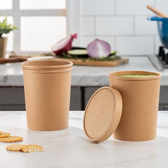GUSTO [32 oz. - 25 Count Kraft Paper Food Containers with Vented Lids - To Go Hot Soup Bowls, Disposable Ice Cream Cups, Ideal for Hot and Cold Foods - (Formerly Comfy Package)