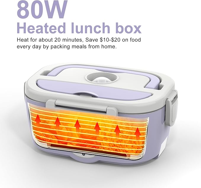 Purple Electric Lunch Box Food Heater, 60W-80W Heated Lunch Box for Woman, 12V 24V 110V Portable Food Warmer Lunchbox for Car Truck Work with Removable 304 SS Container, Christmas Gift