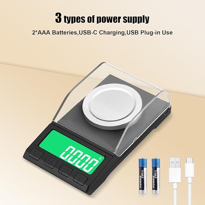 Portable Milligram Scale 100g/0.001g, Diyife Rechargeable Gram Scale with 8 Units, High Precision Powder Scale with Cover, Backlit LCD, Batteries/Tray/Tweezers/100g Calibration Weight Included