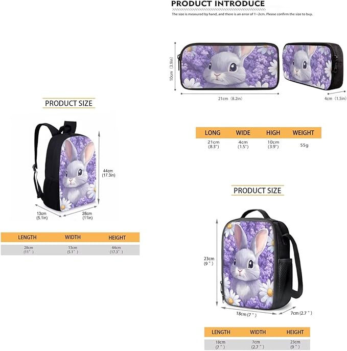 Dolyues Purple Flower Rabbit Girls' Backpack Set 17-Inch Lightweight Backpack, Double Compartment Lunch Bag & Organizer Pencil Case - Ages 5-10