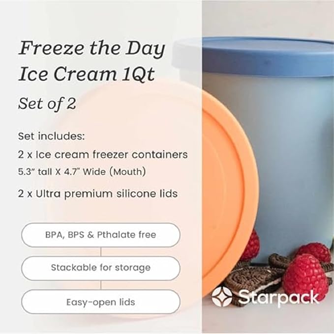 Starpack 'Freeze the Day' Ice Cream Storage Container for Freezer (2 Pcs) - 1 Quart Ice Cream Containers for Homemade Dessert - Reusable Frozen Treat Containers with Lids - Leak-Free Lids (Silicone)