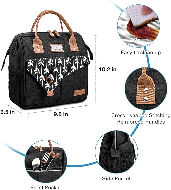 Lekesky Insulated Lunch Bag for Women Leakproof Wide Open Lunch Box Reusable Lunch Cooler Bag for Adults Work, Black