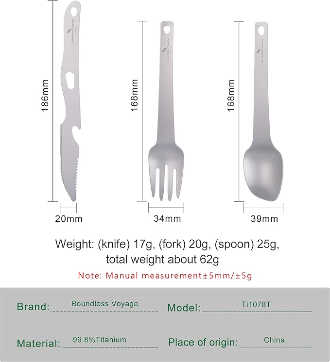 Boundless Voyage Titanium Cutlery Set Ultralight Utility Flatware Utensil Spoon Fork Knife in Case for Home Use Travel Camping Ti1078T