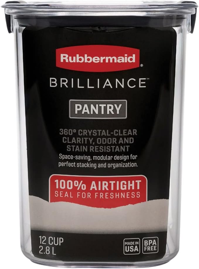 Rubbermaid Brilliance 12-Cup Airtight Food Storage Container, Perfect for Pantry Staples, Clear/Grey