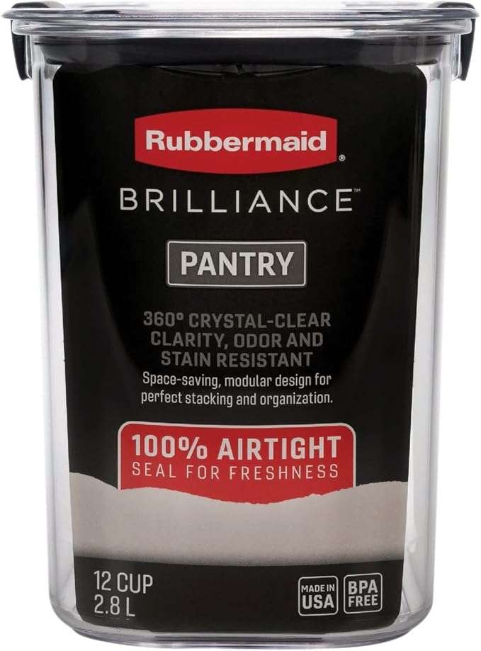 Rubbermaid Brilliance 12-Cup Airtight Food Storage Container, Perfect for Pantry Staples, Clear/Grey