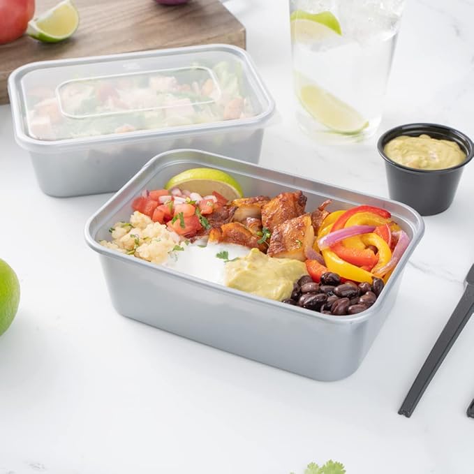 Restaurantware Futura 25 oz Rectangle Silver Plastic Take Out Container - with Clear Lid, Microwavable - 6 3/4" x 4 1/2" x 2 1/4" - 100 count box