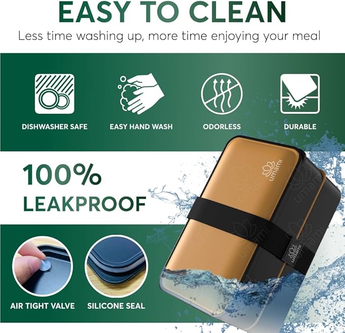 Umami Bento Box Adult All-in-1 w/ 4 Utensils, 100% Leakproof, Dishwasher & Microwave Safe Lunch Containers for Adults w/ 4 Compartments, Black & Gold, 40 oz