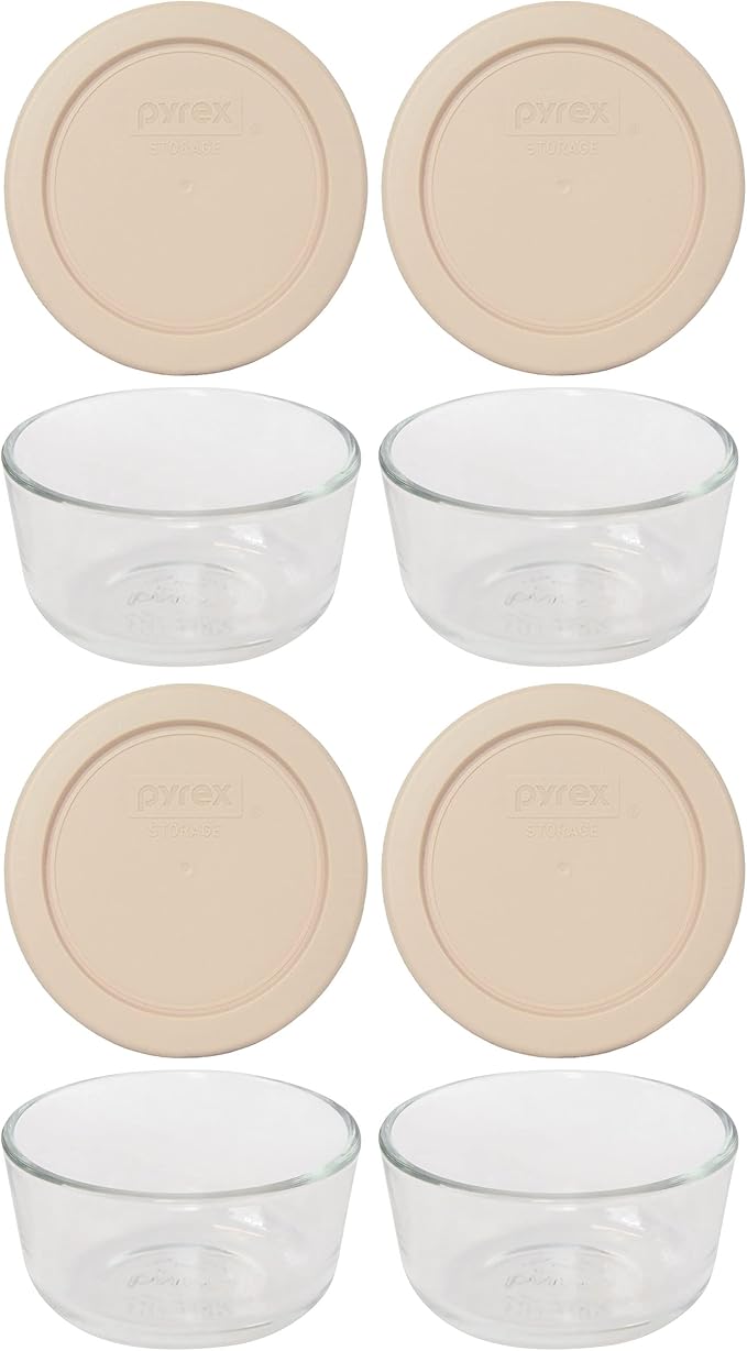 Pyrex (4 7202 Glass Bowls & (4) 7202-PC Blush Lids Made in the USA