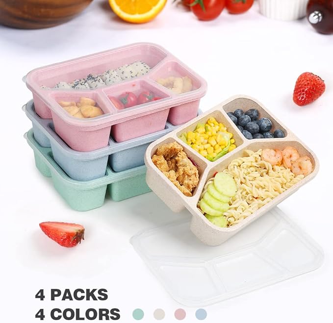 4 Pack Bento Lunch Box, 4 Compartment Meal Prep Containers, Lunch Box for Kids, BPA Free Plastic Reusable Food Storage Containers - Stackable, Suitable for Schools, Companies,Work and Travel