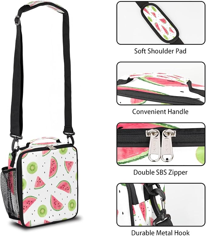 Watermelon Fruit Kids Lunch Box Watermelon Kiwi Insulated Lunch Bag Tote for Girls Boys, Cooler Freezable Meal Prep Bag with Shoulder Strap Waterproof Lunch Container for School Office Picnic