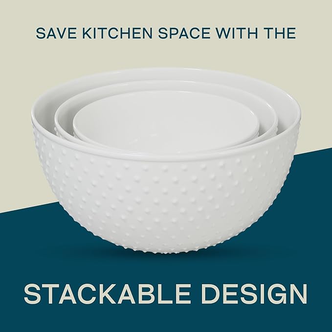 Gibson Elite 3-Piece Stoneware Mixing Bowl Set, 6.8", 8", 9.8" - Modern Stoneware Dishware, Dishwasher Safe & Microwave Safe - Space-Saving & Stackable Bowl Set for Cooking, Baking, Serving (White)