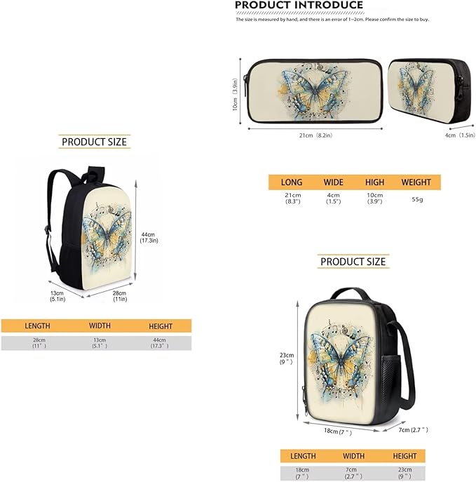 Dolyues Vintage Butterfly 3-Piece Girls Backpack Set - Cute 17-Inch School Backpack with Lunch Box & Zipper Pencil Case or Students & Outdoor Adventures