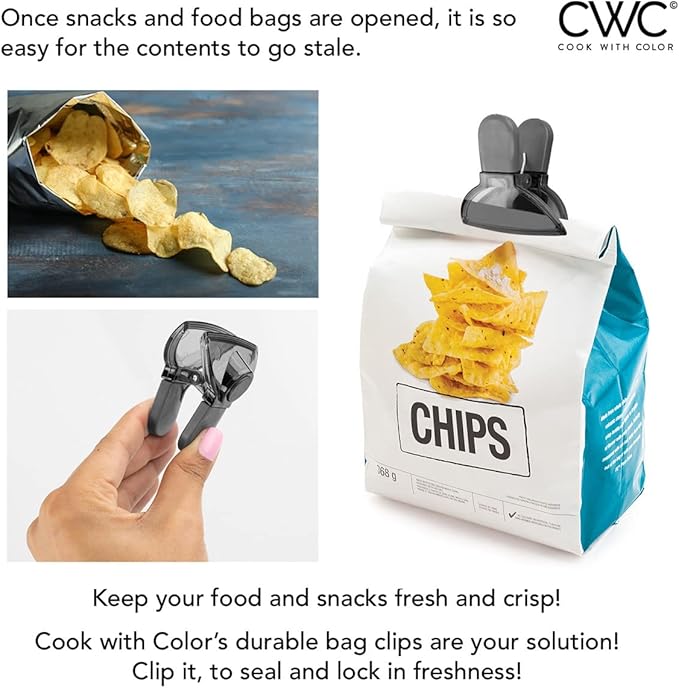 COOK WITH COLOR Bag Clip with Magnet- Chip Bag Clip, Sealing Food Clips, Plastic Clips for Food and Kitchen Storage, Chip Clip and Snack Bag Clips, 6 Pack, Gray