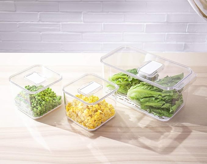 iPEGTOP Fridge Produce Saver Food Storage Bin Containers, Stackable Refrigerator Freezer Organizer Fresh Keeper Container with Vented Lids, 3 Pack