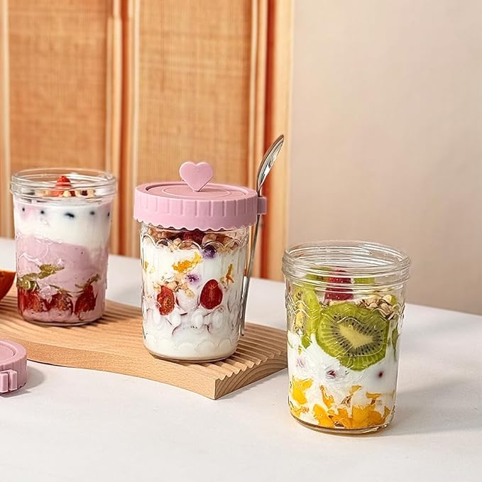 4 Pack Overnight Oats Containers With Lids and Spoons, 20 Oz Glass Oats Containers Jars, Leak Proof Mason Jars With Airtight Lids, Overnight Oat Jar For Milk, Cereal, Fruit