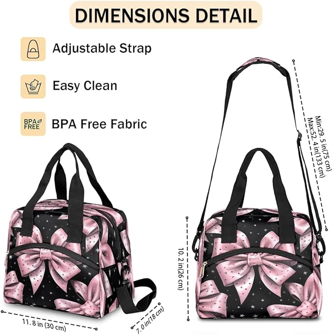 Pink Bow Insulated Lunch Bag for Women Men Reusable Waterproof Lunch Box Cooler Tote Bag One shoulder portable meal bag Portable Adult Lunchbox for Work Picnic Hiking Beach