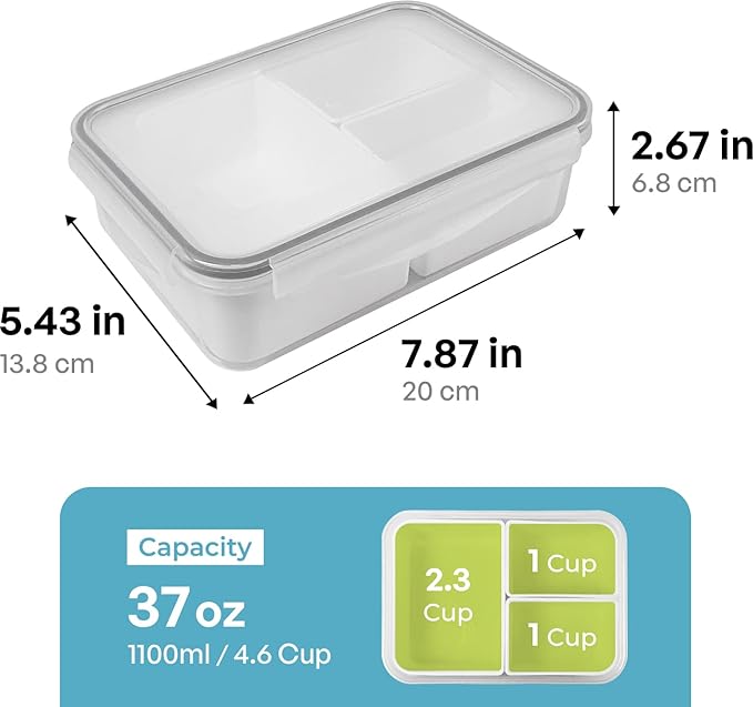carrotez 3 Compartment Portion Control Container, Food Storage Container with 3 Removable Compartments, Reusable, BPA Free, 4.64 Cup (1100ml)