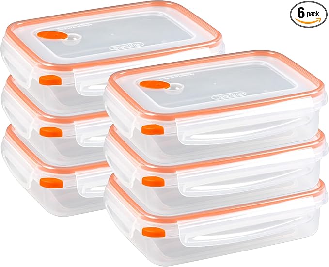 Sterilite Ultra-Seal 5.8 Cup Rectangle, Airtight Food Storage Container, Latching Lid, Microwave and Dishwasher Safe, Clear With Orange Gasket, 6-Pack