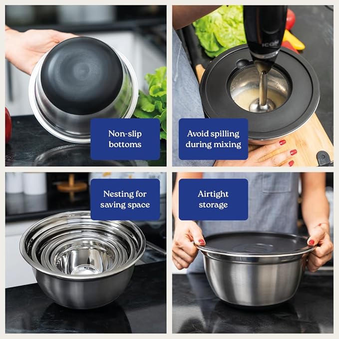 WHYSKO® Stainless Steel Mixing Bowls With Lids Plus Stainless Steel Whisk, Potato Masher and Grater Lids, 5 Nesting Mixing Bowls And Kitchen Tools for Meal Prep, Cooking, Baking, Serving, Food Storage
