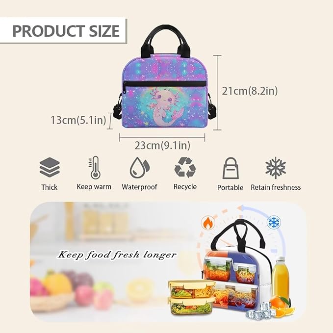 Showudesigns Rainbow Axolotl Lunch Bag for Women Galaxy Lunch Box Girls 6-8 8-10 10-12 Cooler Bag Reusable Lunch Tote Box With Front Pocket Thermal Meal Organizer Bento Box