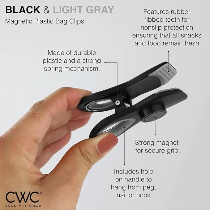 COOK WITH COLOR Bag Clips with Magnet - Airtight Food Storage Clips for Bread, Snack, and Food Bags (Black, Pack of 10)