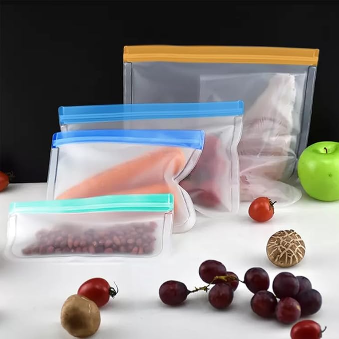 | 22 Pack Reusable Storage Bags, BPA FREE(4 Gallon Ziplock Bags+ 9 Reusable Snack Bags + 9 Sandwich Bags) Food grade PEVA, Leakproof Bags for Meat, Fruit, Vegetable)