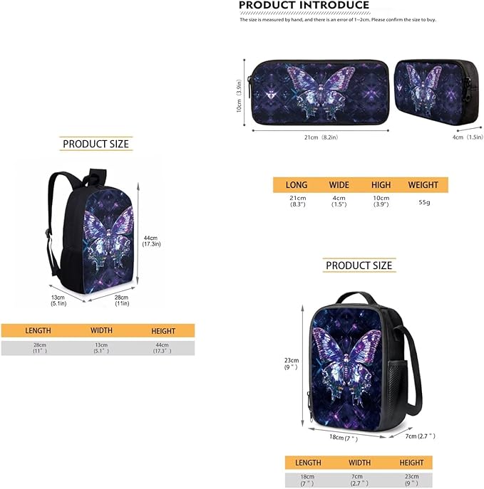 Dolyues Butterfly Print 3-Piece Girls Backpack Set - 17-Inch Bookbag, Lunch Box & Pencil Case - Preschool & Elementary/Middle School Backpack for Teens