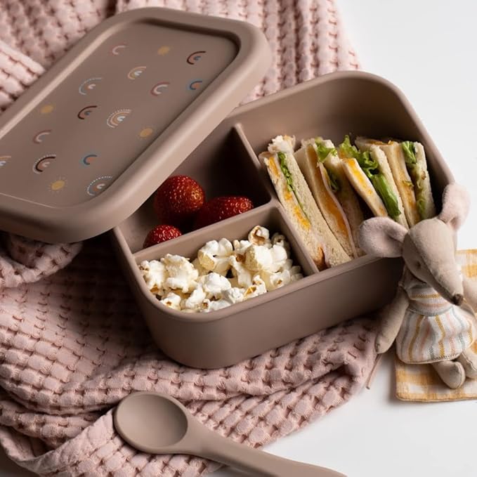 Silicone Bento Box For Kids And Toddlers - 3 Leakproof Compartments - Dishwasher, Oven And Microwave Safe - Eco friendly BPA free - For Daycare Elementary School Lunch, Snacks (Rainbow Sand)