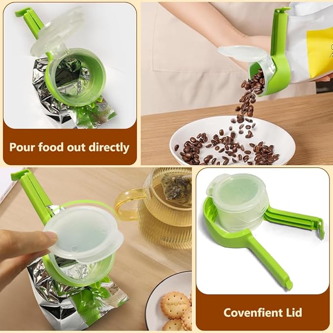 4pcs Bag Clip with Pour Spout, Seal and Pour Bag Clip, Snack Clips that Pour, Food Storage Bag Sealing Clip, Durable Plastic Clips for Food Storage (Round, Single Size)