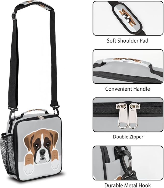 Kids Lunch Box for Boys Girls Lunch Bag Cute Boxer Dog Kids Lunch Bags Insulated Meal Tote with Adjustable Shoulder Strap for School Picnic