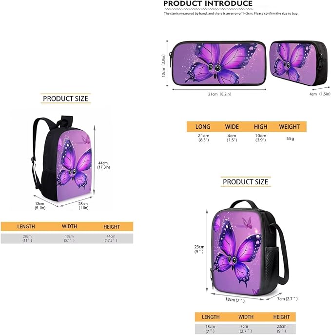 Dolyues Cartoon Butterfly Girls Backpack Combo: 17 Inch Bookbag with Ergonomic Straps, Matching Lunch Bag & Sparkling Pencil Case - Ideal Gifts for School Girls