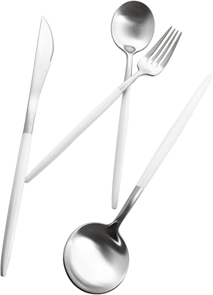 Matte Silverware Set, 10-Piece 18/10 Stainless Steel Satin Finish Flatware Set Service for 2, Kitchen Utensil Set, Tableware Cutlery Set for Home Restaurant (White Handle Silver, 10-Piece)