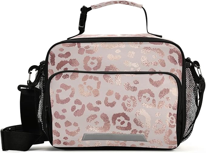 MNSRUU Student Lunch Bag Elegant Rose Gold Leopard Insulated Lunch Totes Picnic Bag Lunch Box with Adjustable Shoulder Strap for Teen Kids Adults