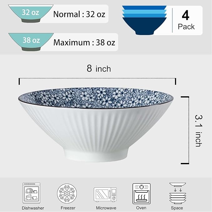 38 oz Japanese Ramen Bowls Set of 4, Large Pho Bowls, 8 Inch Ceramic Blue and White Soup Bowls, Floral Pattern