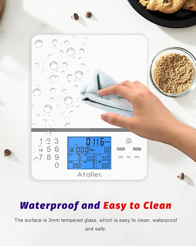 Ataller Food Scale with Nutritional Calculator, Digital Kitchen Scale, Food Scales for Kitchen, Calorie Calculator for Meal Prep, and Weight Loss, Units in Lbs, Grams, Ounces, Batteries Included