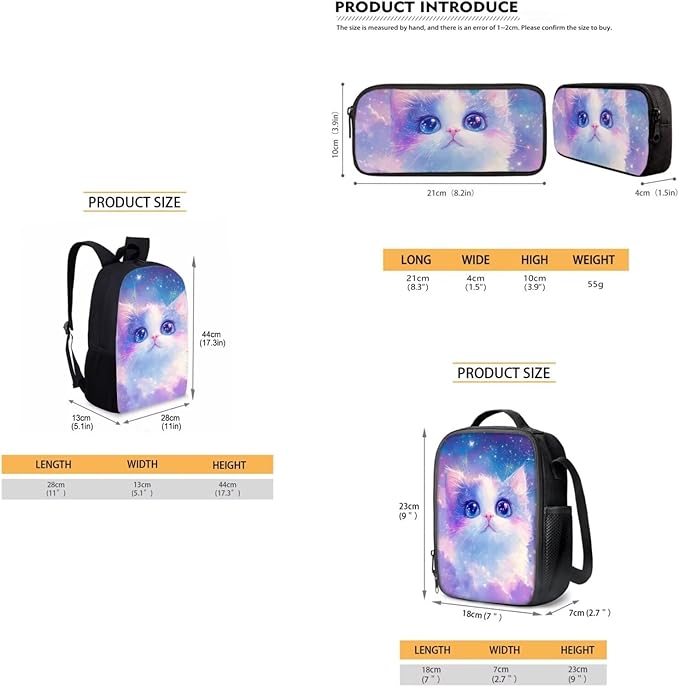 Dolyues Galaxy Cat Backpack Set for School 17-Inch School Backpack, Insulated Lunch Bag & Pencil Case - Adorable 3-Piece Combo for Elementary Students
