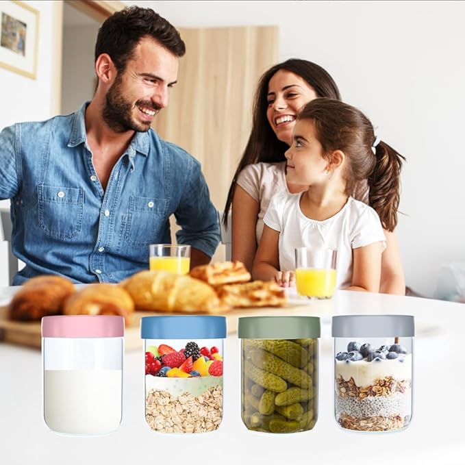 6 Pack 16Oz Glass Jars with Lids, Overnight Oat Jar with Lid, Wide Mouth Mason Jar Airtight Glass Food Storage Containers for Snacks Salad Fruit Yogurt Cereal Meal Prep Leak Proof