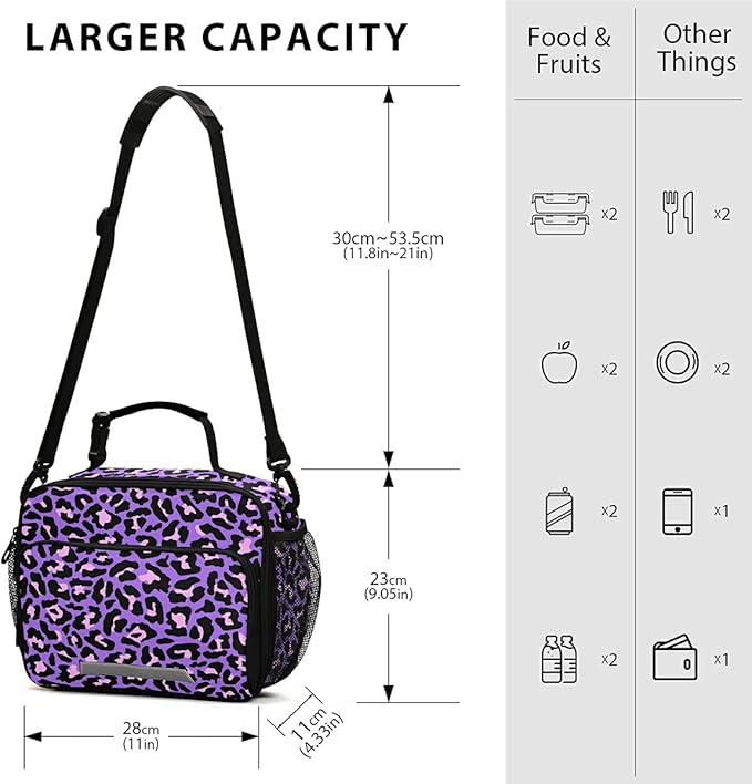MNSRUU Student Lunch Bag Neon Purple And Pink Leopard Insulated Lunch Totes Picnic Bag Lunch Box with Adjustable Shoulder Strap for Teen Kids Adults
