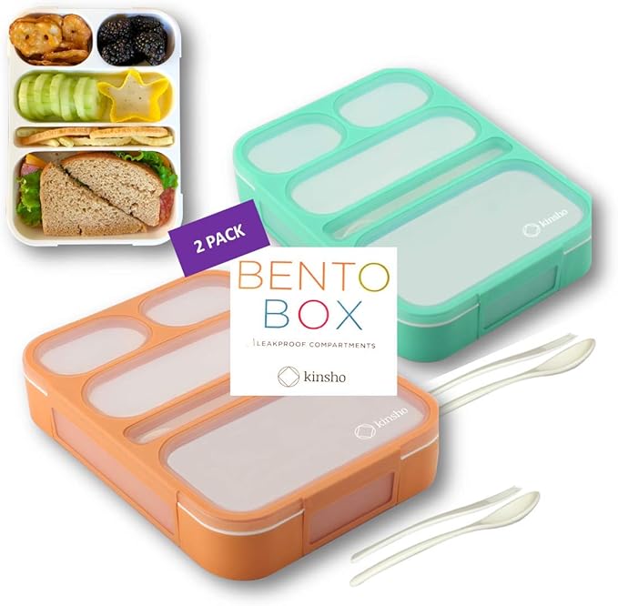 Kinsho Bento Box for Adults and Kids, Leakproof Lunch-Boxes with Custom Fit Spoon and Fork, Portion Control Container, BPA Free, Green + Orange, 5 Compartments, 2 Pack