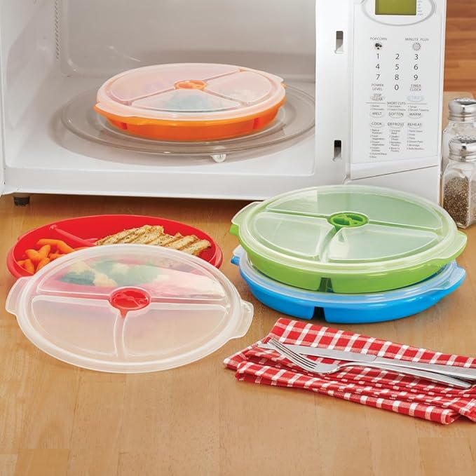 3 PK - Microwave Food Storage Travel Tray Containers - Portion Control - 3 Section Compartment Divided Plates with Vented Lid For Easy Reheat BPA Free Random Colors Shipped (3, assorted)
