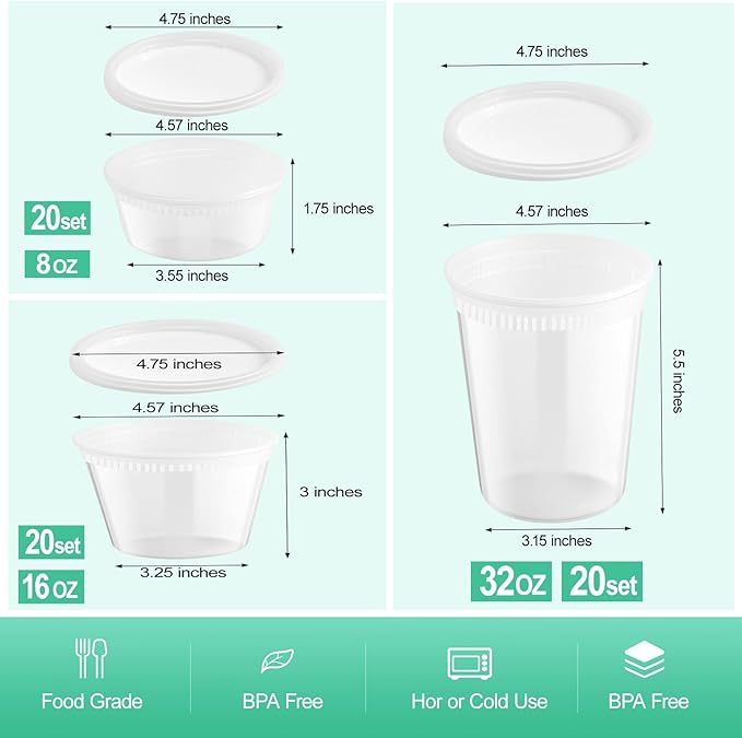 Blcculi 60 Set Deli Containers with Lids,Plastic Deli Food Storage Containers,Leakproof Soup Containers with Airtight Lids,Stackable,Dishwasher,Microwave Safe (8oz-20Set, 16oz-20 Set, 32oz-20 Set)