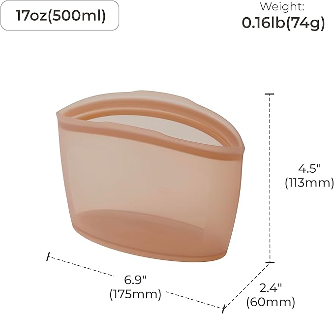 Platinum Silicone Food Grade Reusable Storage Bag, 2.1Cup Leak-Proof Airtight Seal, BPA-Free, Microwave, Freezer & Dishwasher Safe, Heat Resistant Sous Vide,Silicone Snack Bags, Taupe Brown